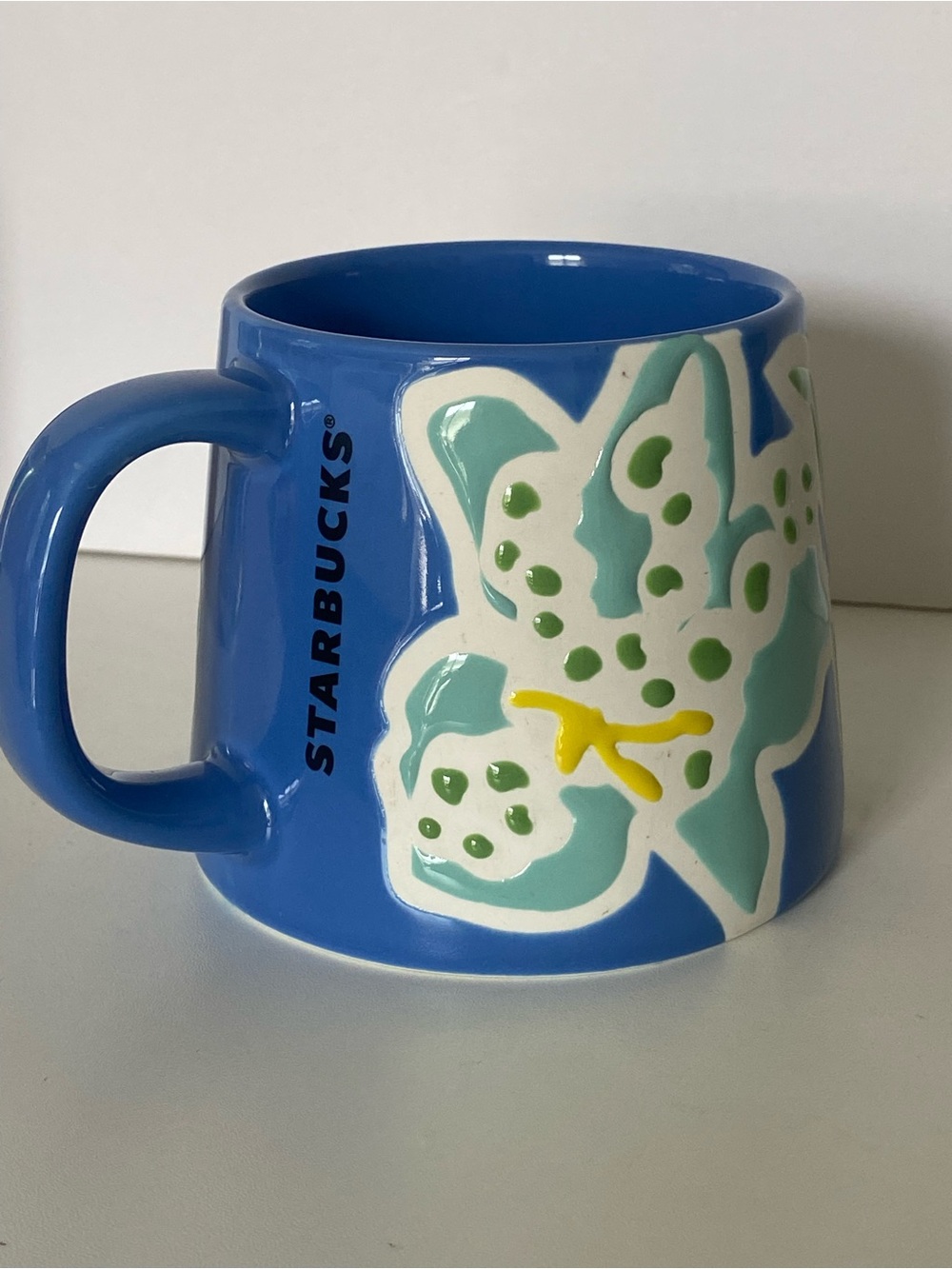 Starbucks Summer Iris Mug 2021 Wide Bottom Coffee Tea Embossed Blue Green Floral